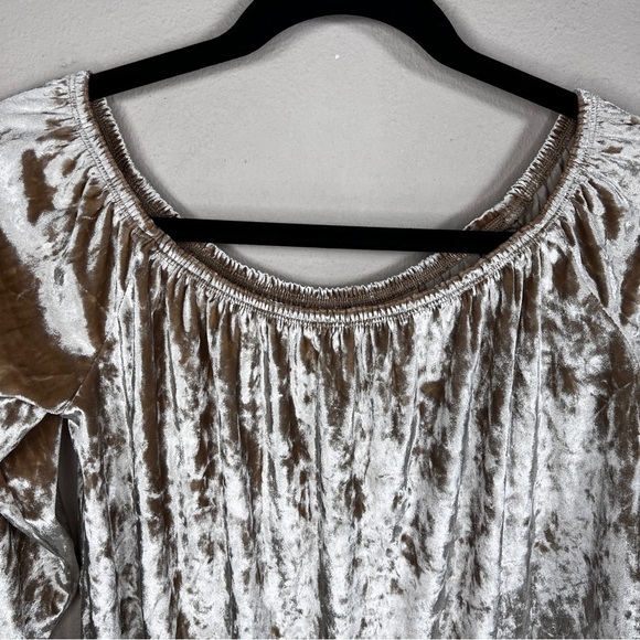 LARGE HOLLISTER BEIGE VELVET BLOUSE OFF SHOULDER PEASANT BOHO STRETCH NEUTRAL - Picture 2 of 10
